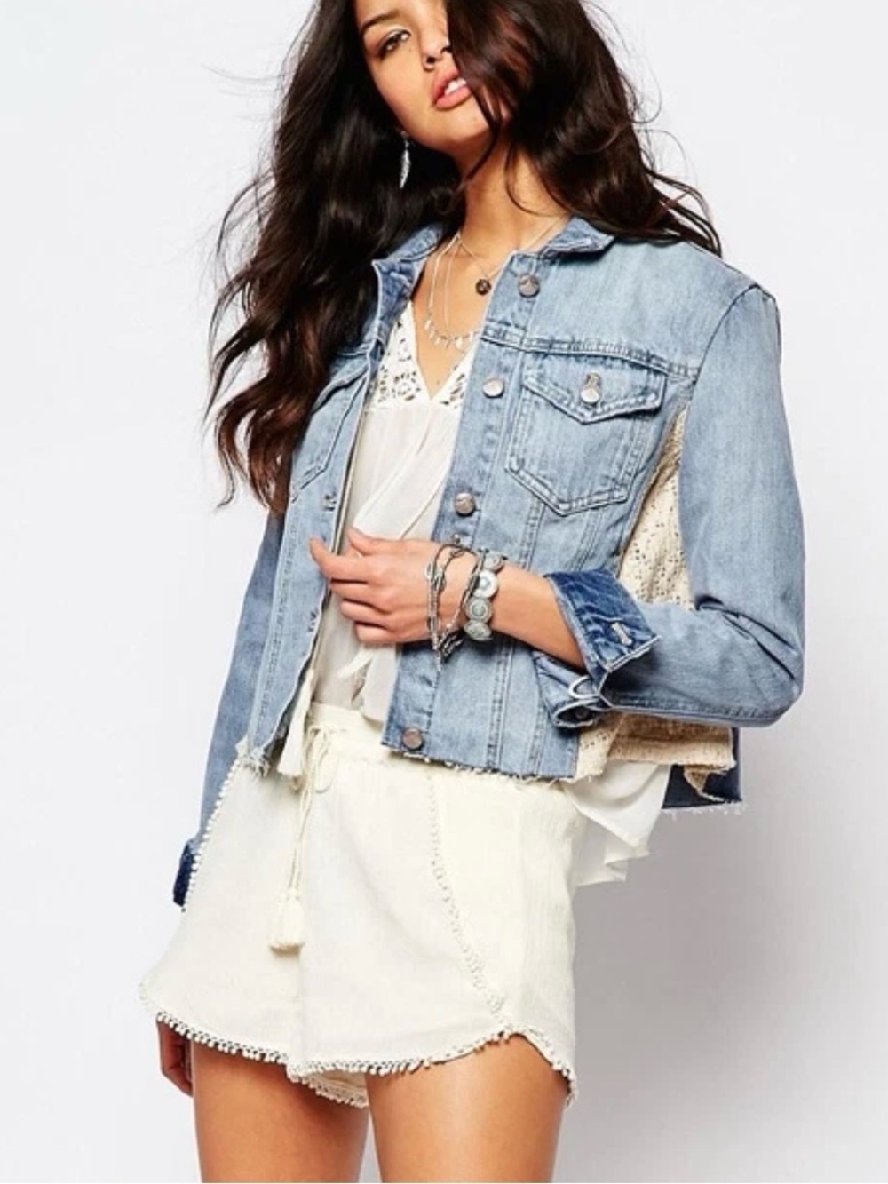 Free People Sz XS Lace Side Panel Cropped Denim Trucker Jacket